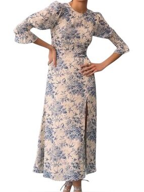 Reformation Carolena Crepe Floral Smocked Elbow Sleeve Round Neck Midi Dress